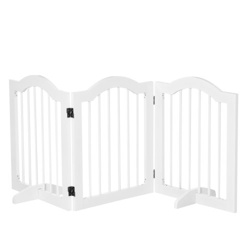 PawHut Freestanding Pet Gate Wooden Dog Gate with Support Feet Foldable Pet Fence Safety Barrier for the House Doorway Stairs White