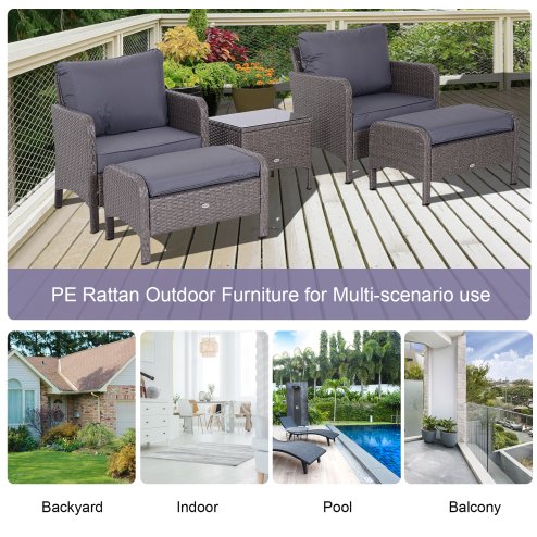 Outsunny 5 Pieces PE Rattan Garden Furniture Set with 10cm Thick Padded Cushions, Wicker Weave Outdoor Seating Chairs with 2 Armchairs, 2 Stools, Glass Top Table, Grey
