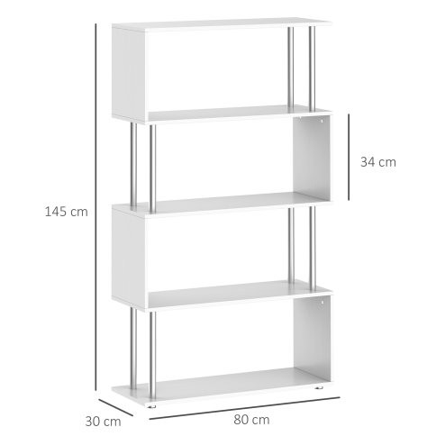 HOMCOM S Shape Bookcase, 5 Tiers Bookshelf, Modern Freestanding Storage Shelf for Home Office, Study, Living Room, 80 x 30 x 145cm, White