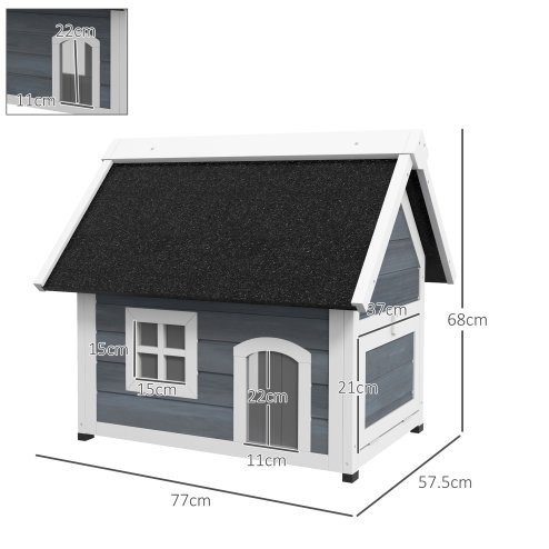 PawHut Outdoor Cat House, Wooden Feral Cat Shelter, Water-Resistant Hide Home with Openable Asphalt Roof, Three Doors, 77 x 57.5 x 68cm - Grey