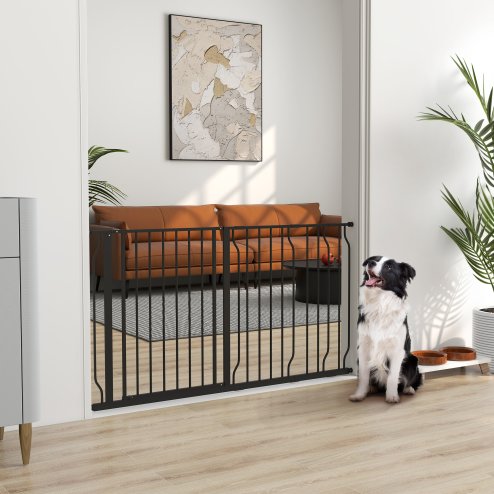PawHut Dog Gate Wide Stair Gate w/ Door Pressure Fit Pets Barrier for Doorway, Hallway, 76H x 75-145W cm - Black