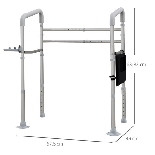 HOMCOM Free Standing Toilet Frame, Height and Width Adjustable Toilet Safety Frame with Arms, 2 Additional Suction Cups, Storage for Elderly, Disabled, Handrail Grab Bar, 136kg Weight Capacity