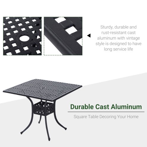 Outsunny 90 x 90cm Square Garden Dining Table with 46.5mm Dia. Umbrella Hole, Cast Aluminium Outdoor Dining Table, Grid Motif Outdoor Table for Garden, Patio, Porch, Black