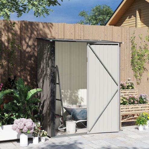 Outsunny 5ft x 3ft Lean to Garden Shed, Metal Outdoor Storage Shed with Single Lockable Door, Tool Storage Shed for Garden, Patio, Light Grey