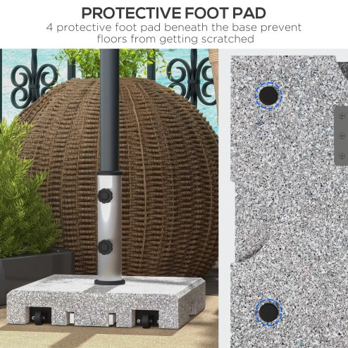 Outsunny 28kg Granite Parasol Base, Heavy Duty Square Umbrella Stand with Wheels and Retractable Handle, Parasol holder for 32mm, 38mm, 48mm Poles, Grey