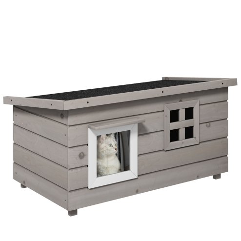 PawHut Outdoor Wooden Cat House, Elevated Cat Shelter Kennel, Pet Play House with Openable Top, Asphalt Roof, Window, 87 x 52 x 44 cm, Grey