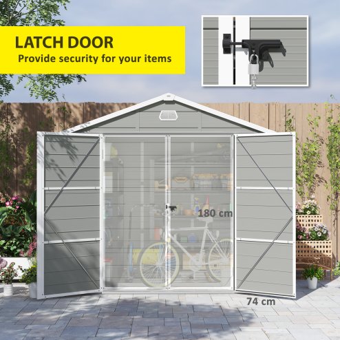 Outsunny 8 x 6ft Plastic Garden Storage Shed with Foundation Kit, Polypropylene Outdoor Storage Tool House with Ventilation Slots and Lockable Door, Light Grey