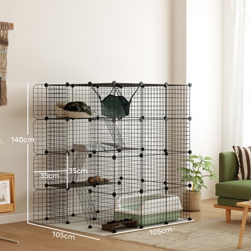 PawHut Cat Cage Indoor, DIY 4 Tier Wire Cat Enclosure with Hammock, Ramps, Doors, Jumping Platforms, Detachable Catio Indoor for 1-3 Cats, 105 x 105 x 140 cm, Black