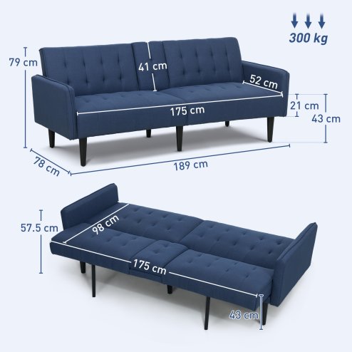 HOMCOM Click Clack Sofa Bed, Linen-Feel Fabric 3 Seater Sofa for Living Room/Spare Room/Guest Room, Bed Settee with Cup Holders