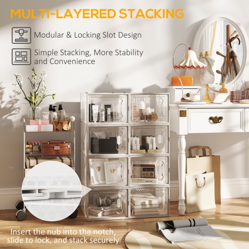 HOMCOM 8PCS Clear Shoe Box, Plastic Stackable Shoe Storage Box for UK/EU Size up to 12/46 with Magnetic Door for Women/Men, 28 x 36 x 21 cm