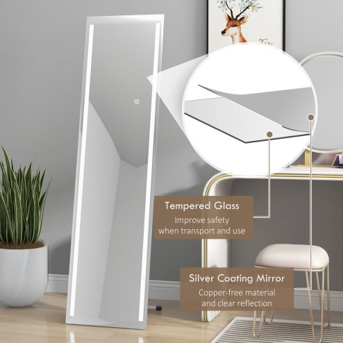 HOMCOM Full Length Mirror with LED Lights, 150x40cm Floor Mirror, Free Standing, Wall Mounted or Leaning, Full Size Body Mirror with Dimmable and 3 Colour Lighting for Bedroom, 23W, White