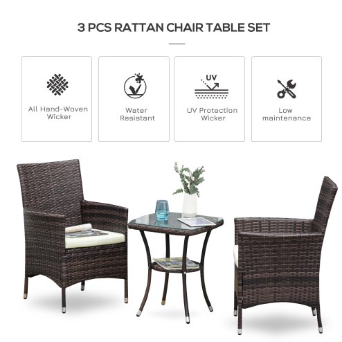 Outsunny 3 Pieces Rattan Bistro Set, Wicker Garden Furniture Set with 2-Tier Coffee Table and Chairs, Cushions, for Outdoor Patio Balcony, Brown