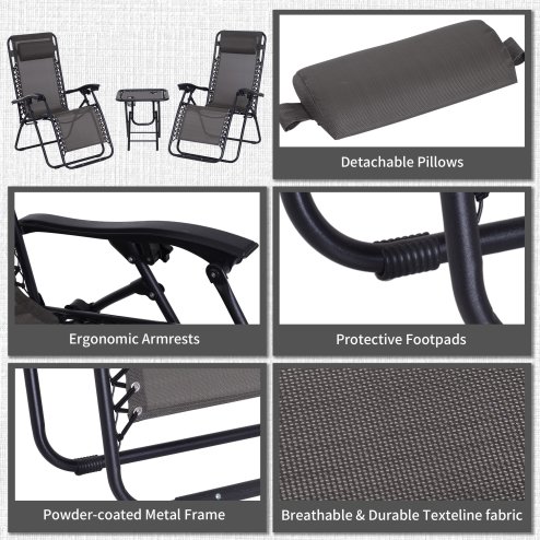Outsunny Folding Zero Gravity Chairs, 3 Pieces Adjustable Sun Lounger and Table Set with Cup Holder and Headrest, Patio Bistro Set with Reclining Garden Chairs for Outdoor, Dark Grey