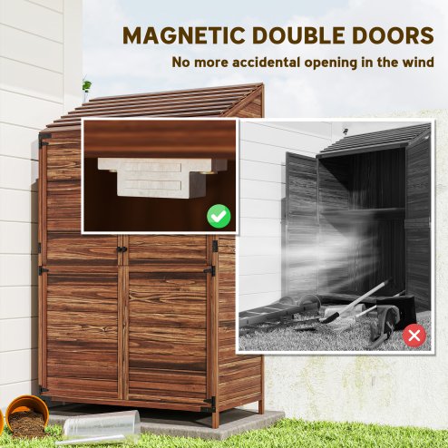 Outsunny Lean-to Small Shed, Tall Wooden Garden Shed with Slatted Bottom, Magnetic Doors, Double Shelves, Outdoor Tool Log Store, 103.5 x 59 x 174.5 cm, Mixed-Brown