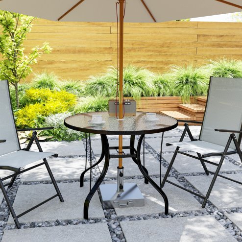 Outsunny Outdoor Dining Table with Parasol Hole, Tempered Glass Top Metal Frame Coffee Table, Round, 96.5 x 96.5 x 71 cm