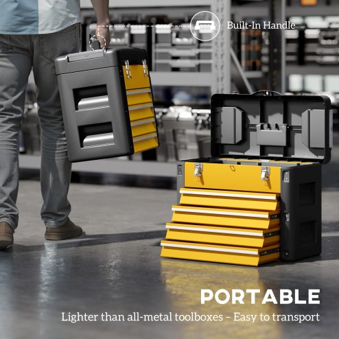 HOMCOM 4 Drawers Large Tool Box, Powder Coated Steel Toolbox with Top Tray, Mini Parts Boxes, Ball Bearing Runners, Handle, Heavy Duty Tool Chest for Workshop, Garage, 497mm x 253mm x 407mm, Yellow