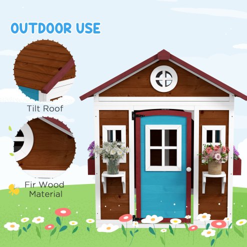 Outsunny Wooden Playhouse for Kids Outdoor Wendy House with Doors, Windows, Plant Pots, Boxes, for 3-8 Years - Dark Brown