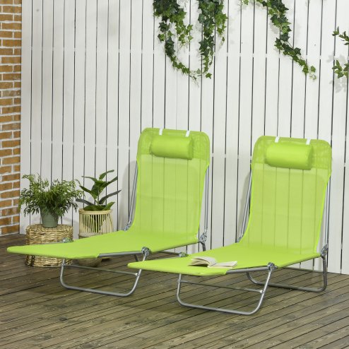 Outsunny Set of 2 Outdoor Foldable Sun Loungers, Adjustable Backrest Garden Recliner Sun Lounger Chair with Headrest Pillow, Green