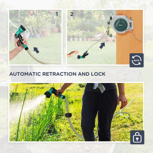 Outsunny Retractable Hose Reel Wall Mounted, 30+2m Garden Hose Pipe Reel with Lock, Auto Rewind, 7 in 1 Spray Nozzle, Includes Wall Fixings, 180?? Swivel, Outdoor Watering, Grey