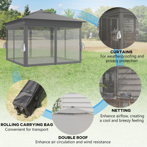 Outsunny 3 x 3(m) Pop Up Gazebo with Sides, 20 Solar-Powered LED Lights, Netting, Roller Bag, 4 Weight Bags, Marquee Party Tent, Height Adjustable Instant Event Shelter, Grey