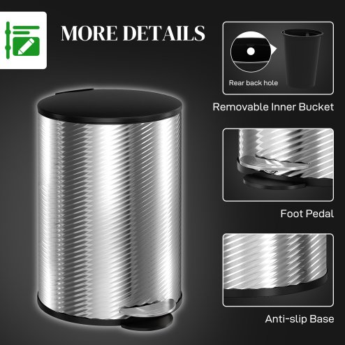 HOMCOM 20 Litre Kitchen Bin, Stainless Steel Pedal Bin with Soft-close Lid, Fingerprint Proof Cylindrical Rubbish Bin with Foot Pedal and Removable Inner Bucket, Silver
