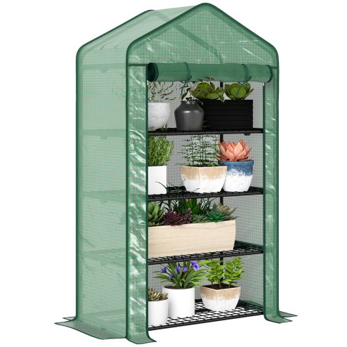 Outsunny 4 Tier Widened Mini Greenhouse with Reinforced PE Cover, Portable Indoor Outdoor Green House with Roll-up Door and Wire Shelves, 90 x 49 x 160cm, Green