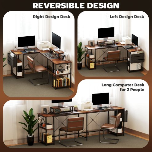 HOMCOM 168cm Reversible L Shaped Desk, Industrial Corner Computer Desk with Adjustable Shelf and Storage Bag, 240cm 2 Person Desk with Monitor Stand, Rustic Brown