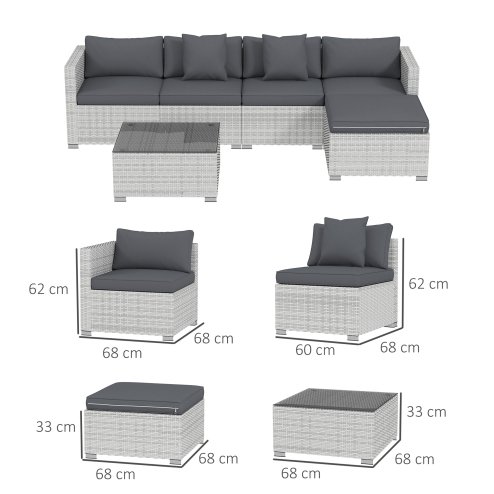 Outsunny 6 Pieces Rattan Garden Furniture Set, 5 Seater Sectional Garden Corner Sofa Set with Glass Top Coffee Table, Cushions and Pillows, All-Weather Wicker Conversation Furniture, Mixed Grey
