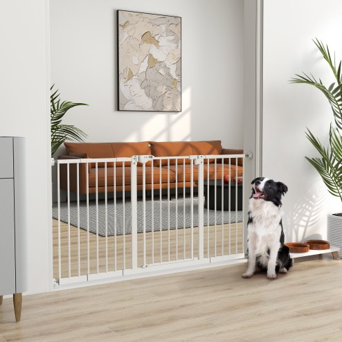 PawHut Dog Gate Stair Gate Pressure Fit Pets Barrier Auto Close for Doorway Hallway, 74-148cm Wide Adjustable, White