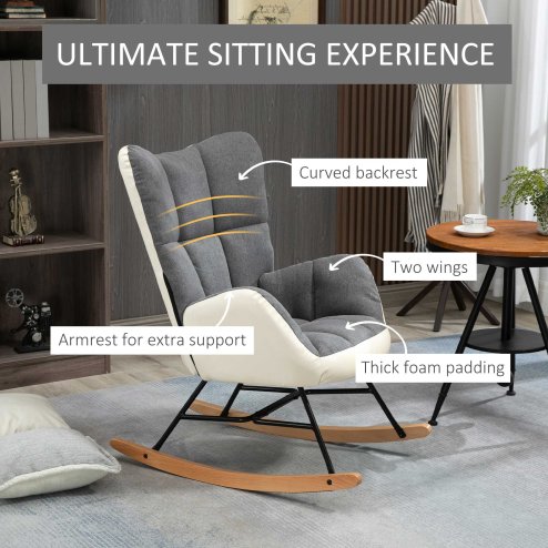 HOMCOM Rocking Chair for Nursery, Upholstered Wingback Armchair with Steel and Wood Legs for Living Room, Bedroom, Balcony, Grey and Cream