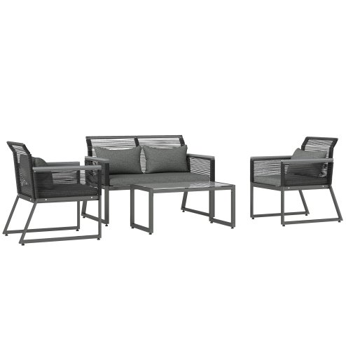 Outsunny 4 Pieces Rattan Garden Furniture Set, Metal Frame Outdoor Furniture Sofa Set with Cushions, Pillows & Tempered Glass Top Table, Wicker Garden Sofa for Conservatory, Patio, Charcoal Grey