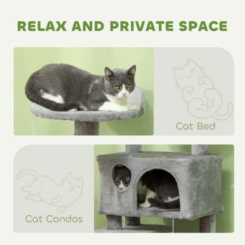 PawHut Cat Tree, 138cm Cat Tower with Sisal Scratching Posts and Pad, Bed, Condos, Platforms, Toy Balls, Anti-Tip Kit, Kitten Activity Centre for Indoor, Light Grey