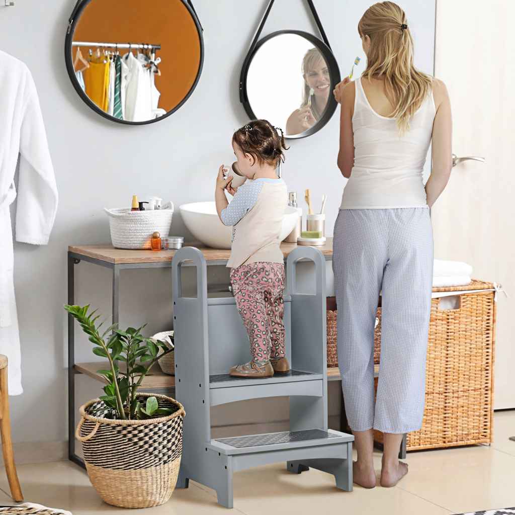 HOMCOM Kids Wooden Step Stool Kitchen Helper with Non-Slip Panels for ...