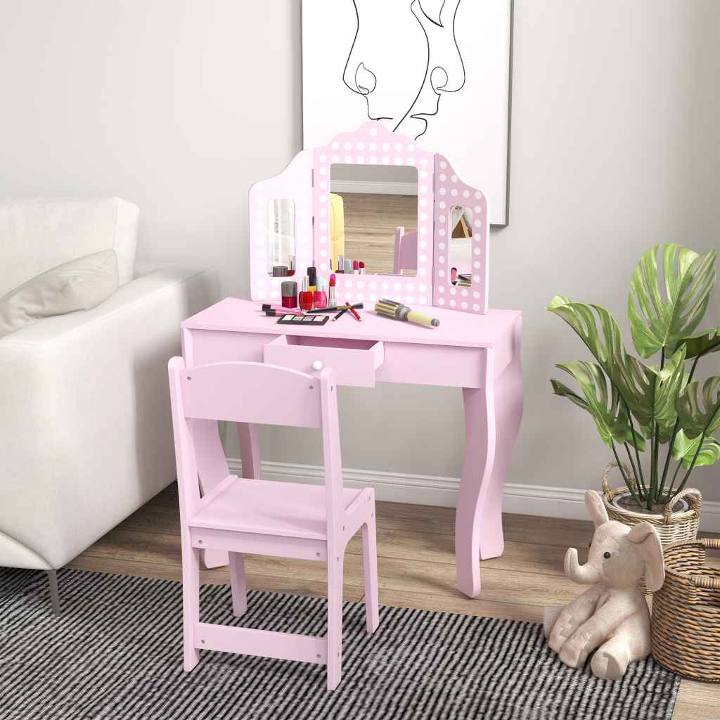 AIYAPLAY Kids Dressing Table with Tri-Fold Mirror and Stool, Kids ...
