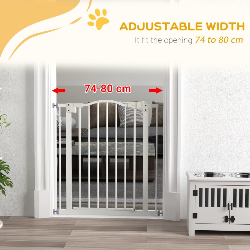 PawHut Pressure Fit Dog Stair Gate No Drilling Safety Gate Auto Close for Doorways, Hallways, 74-80cm Adjustable, 78cm Tall, White