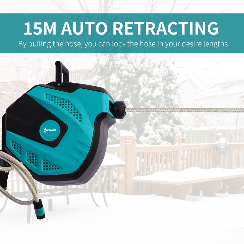 DURHAND 15m Garden Hose Reel Wall Mounted Auto Rewind with 7 Patterns Spray Nozzle, Includes Wall Fixings