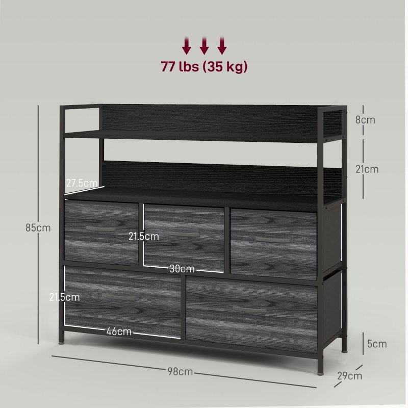 HOMCOM Bedroom Chest of Drawers, Fabric Dresser with 5 Drawers, Storage Organiser Unit with Open Shelves and Metal Frame for Living Room, Entryway