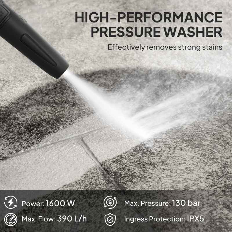Outsunny 1600W High Pressure Washer, 130 Bar Pressure, 390 L/h Flow, Portable Power Washer Jet Wash Cleaner with Adjustable Nozzle, 6M Hose, Handle for Home Patio Car Driveway, Green
