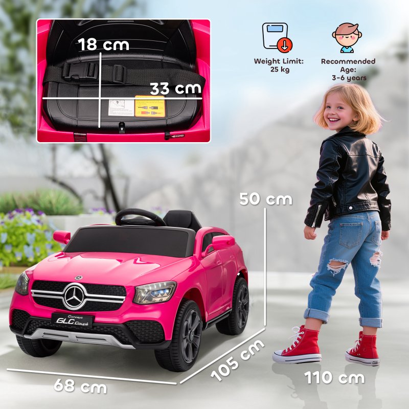 AIYAPLAY Mercedes-Benz GLC Coupe Licensed Kids Ride on Car, 12V Battery Powered Kids Electric Car with Remote Control, Soft Start, LED Light, Music, MP3, 3 Speed, for 3-6 Years, Pink
