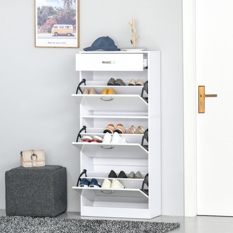 HOMCOM Shoe Cabinet with 3 Flip Drawers, High Gloss Shoe Storage Cabinet with Top Drawer and Adjustable Shelves, Shoe Cupboard for 18 Pairs