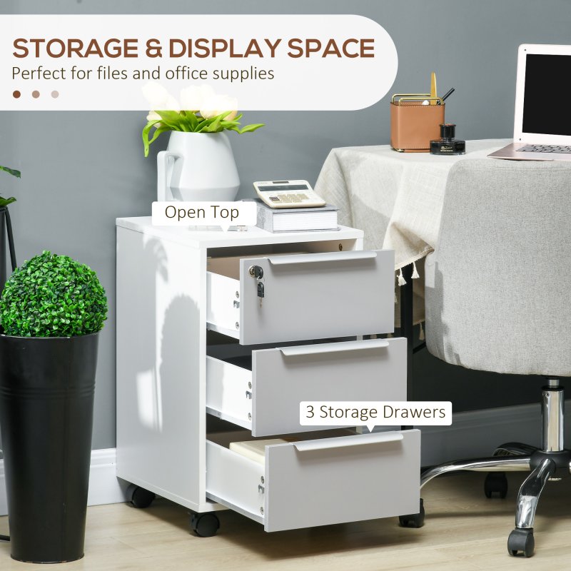 HOMCOM 3-Drawer Lockable Filing Cabinet, File Cabinet on Wheels, Mobile Office Storage Drawers for Home Office, Bedroom and Living Room