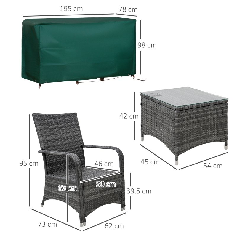 Outsunny 3 Pieces Rattan Bistro Set with Furniture Cover, Wicker Garden Furniture Set, Glass Top Coffee Table and Chairs with Cushions for Outdoor, Patio, Balcony, Grey