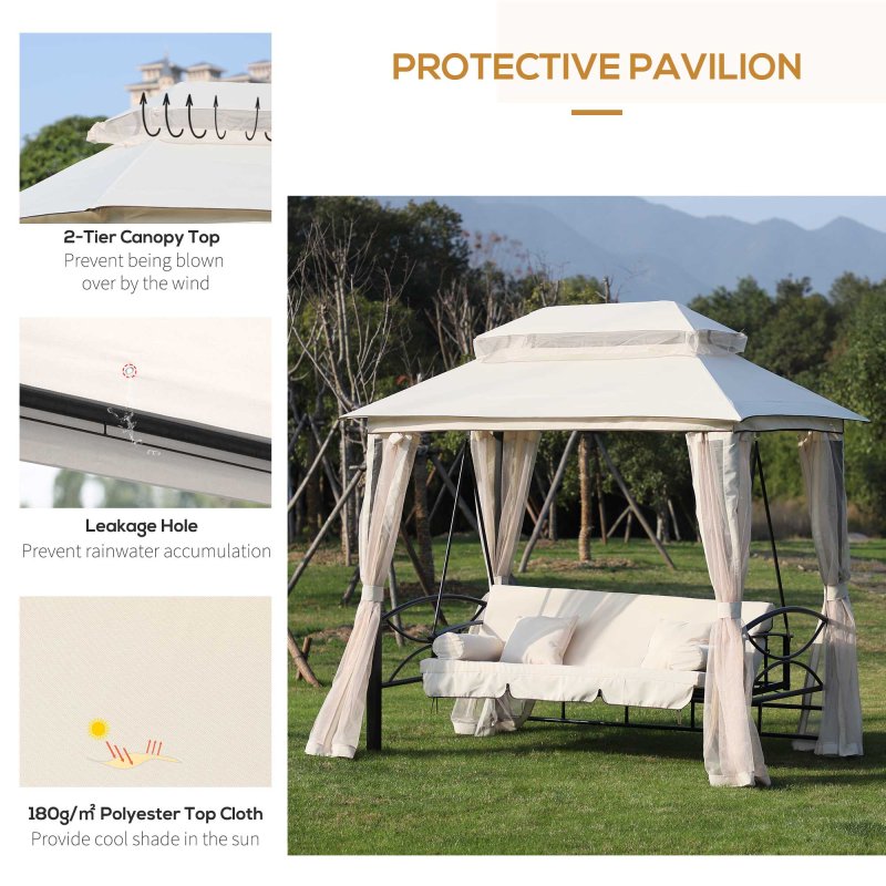 Outsunny 3 Seater Convertible Swing Chair, Outdoor Gazebo Swing Seat Bed with Double Tier Canopy, Cushioned Seat, Mesh Sidewalls and Curtains, Beige