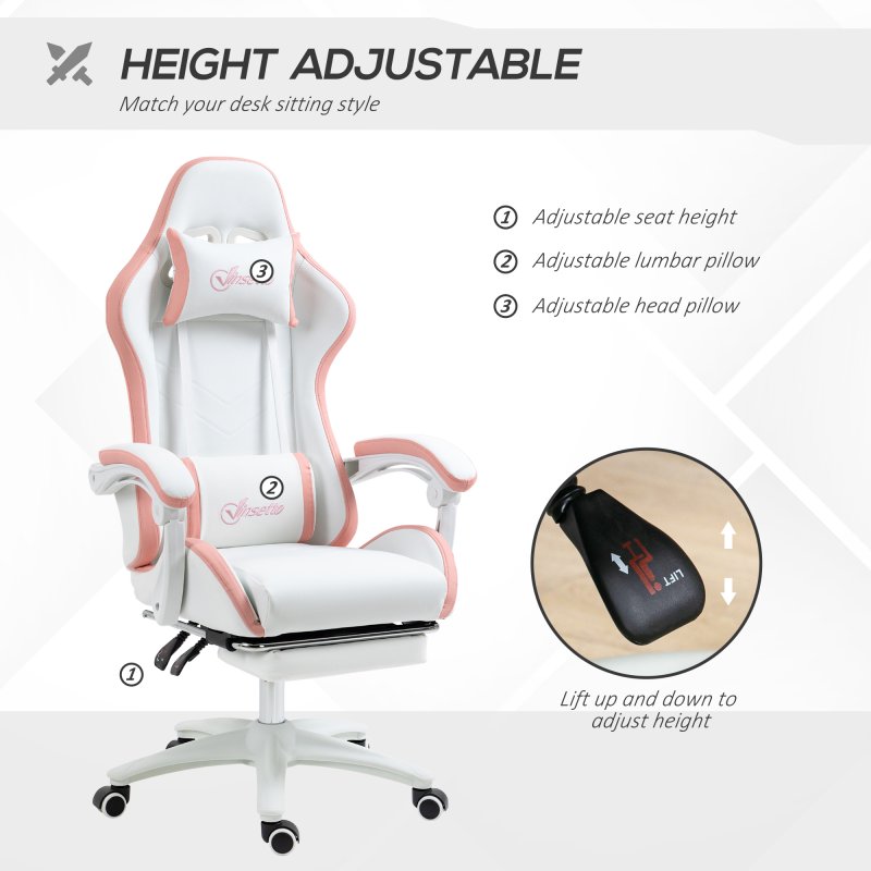 Vinsetto Computer Gaming Chair, PU Leather Office Desk Chair with Footrest, Swivel Wheels, 135?? Reclining Back, Lumbar Support, Headrest for Home, White and Pink