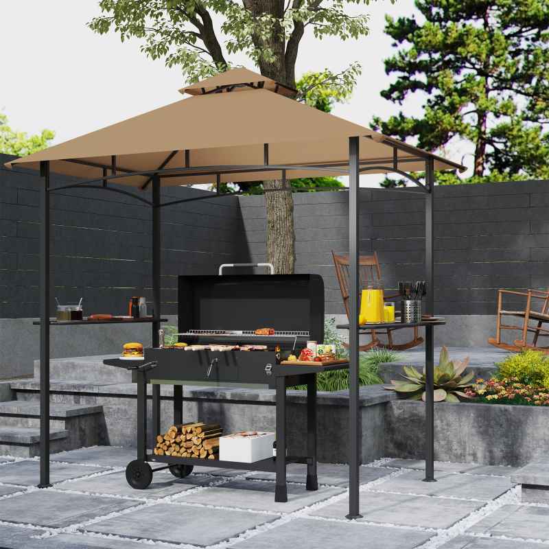 Outsunny 2.5x1.5m (8'x5') Grill Gazebo Canopy, Double Tiered Outdoor BBQ Gazebo Shelter with 2 Side Shelves for Garden, Patio, Barbecue, Picnic, Khaki