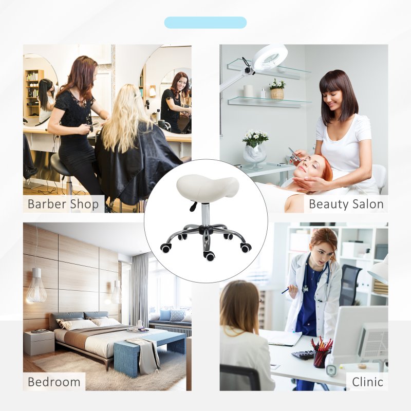 HOMCOM Cosmetic Stool 360?? Rotate Height Adjustable Salon Massage Spa Chair Hydraulic Rolling Faux Leather Saddle Stool Mobility, Cream