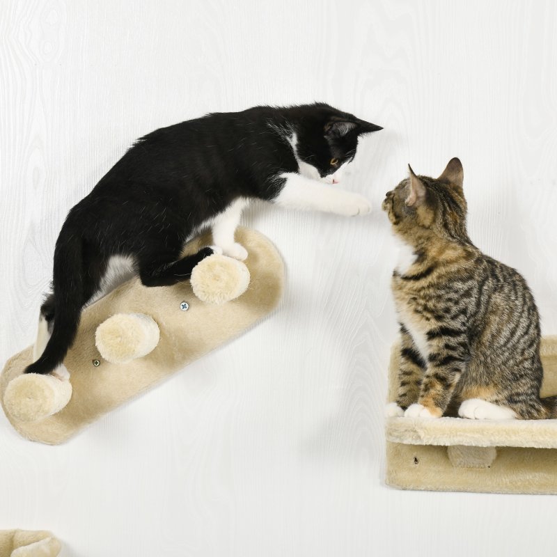 PawHut 4PCs Wall Mounted Cat Tree Cat Wall Shelves Furniture Climbing Shelf Set Kitten Activity Centre w/ Hammock, Scratching Post - Beige