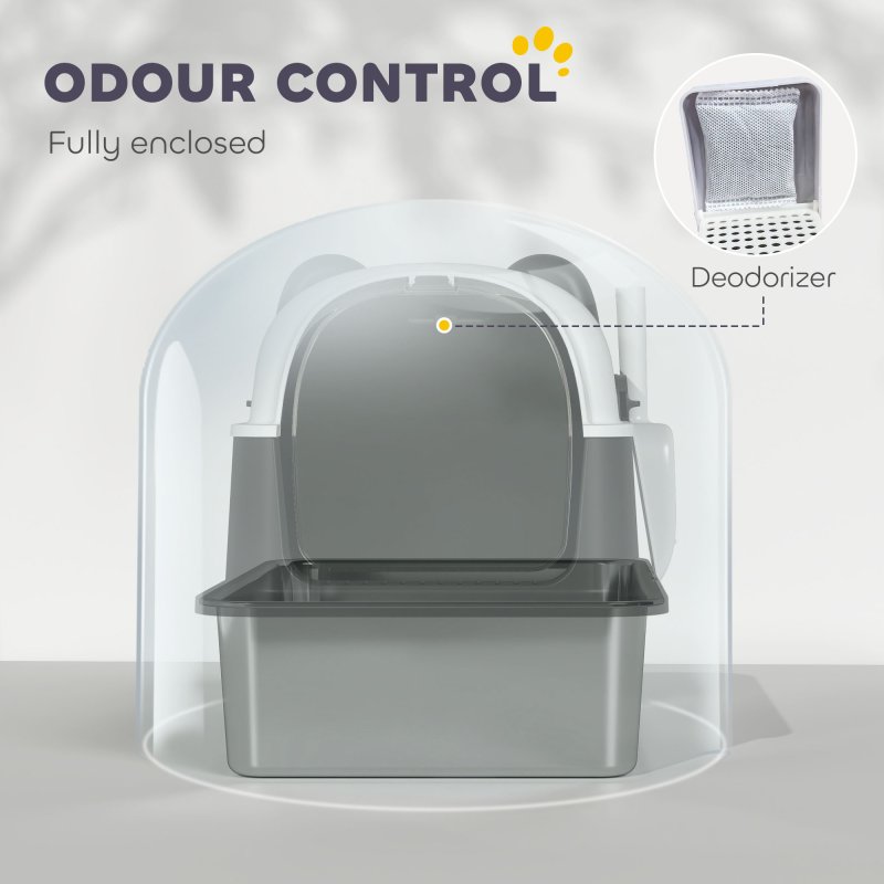 PawHut XL Stainless Steel Litter Box with Lid, Extra Large Enclosed Litter Tray with Scoop & 180 Flip Front Cover, Anti-Leakage, Non-Sticky, Non-Odour, Easy Cleaning, for Big Cats, Panda Style