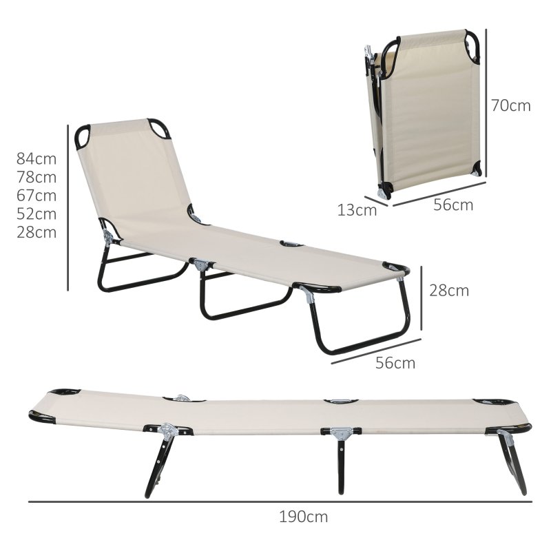 Outsunny Foldable Sun Lounger Set of 2 with 5-Position Adjustable Backrest, Outdoor Portable Recliner Chaise Lounge Chair with Breathable Mesh Fabric, Cream White