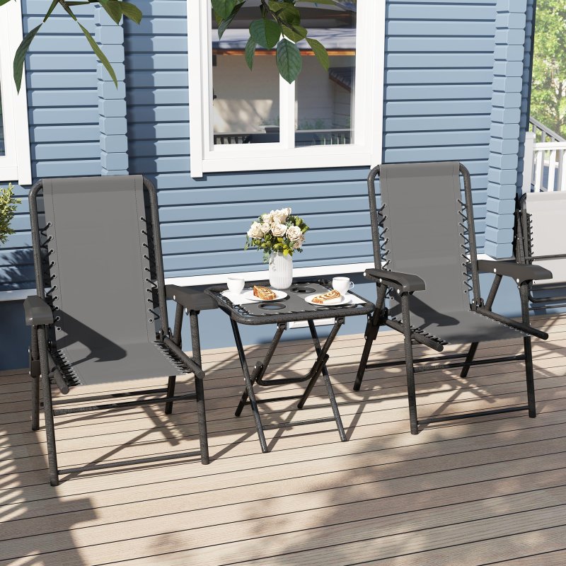 Outsunny 3 Pieces Garden Bistro Set, Folding Table and Chairs Set, Metal Garden Furniture Set with Cup Holders for Outdoor, Patio, Balcony, Dark Grey